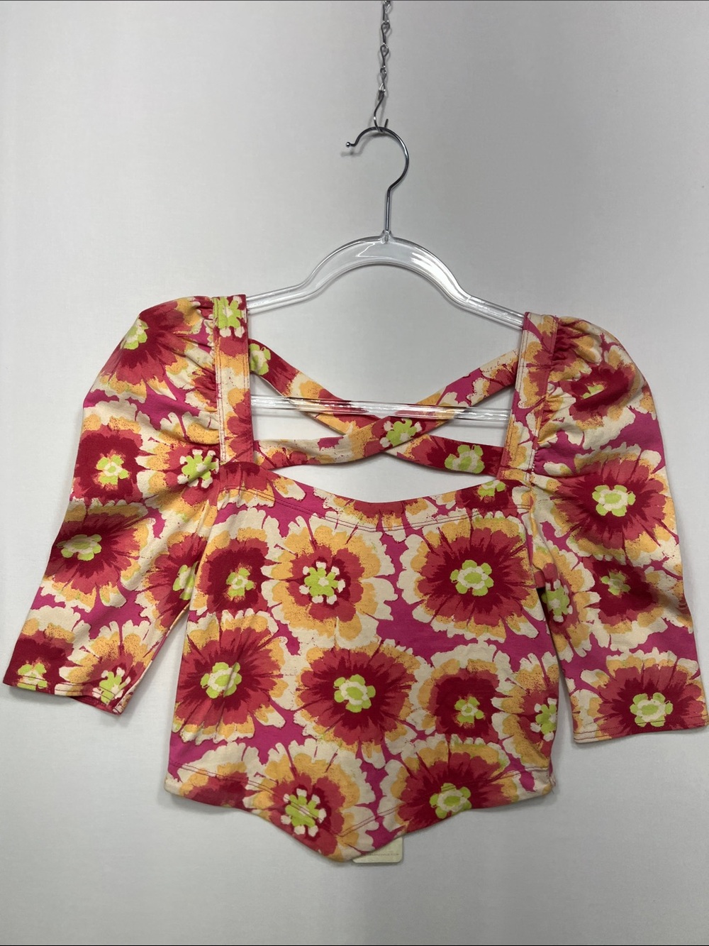 Free People Pink Floral Puff-Sleeve Crop Top with Cross-Back